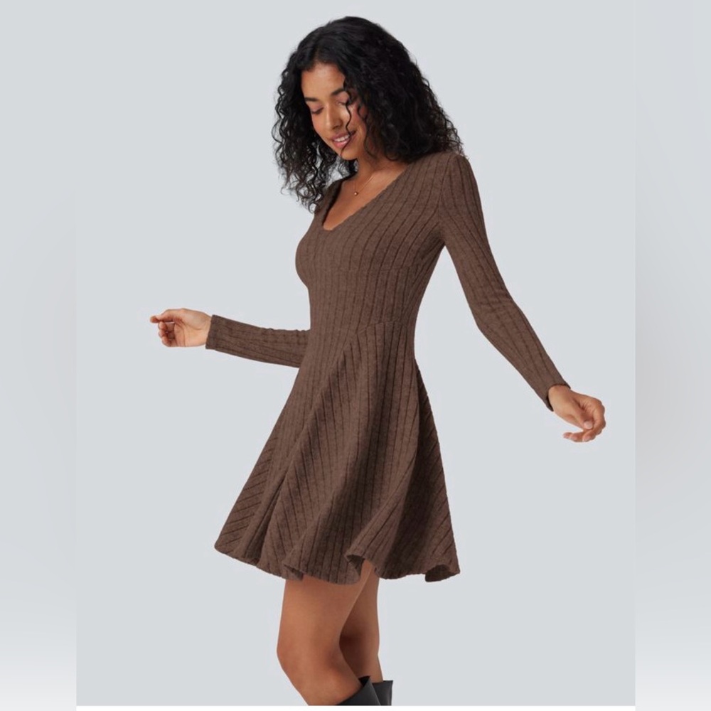 HALARA Small Dress Chocolate Brown Ribbed V-Neck Long Sleeve Flare Mini NWT